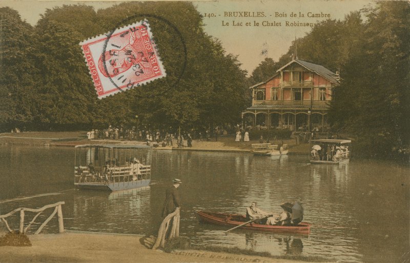 O lago e o chalé Robinson, Bois de la Cambre, Bruxelas. Postal enviado em 1913. de Belgian Photographer