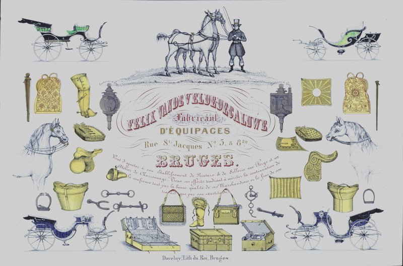 Anúncio de Felix Van de Velde-Decaluwe, fabricante de carruagens puxadas por cavalos, Bruges, Bélgica (litografia a cores) de Belgian School