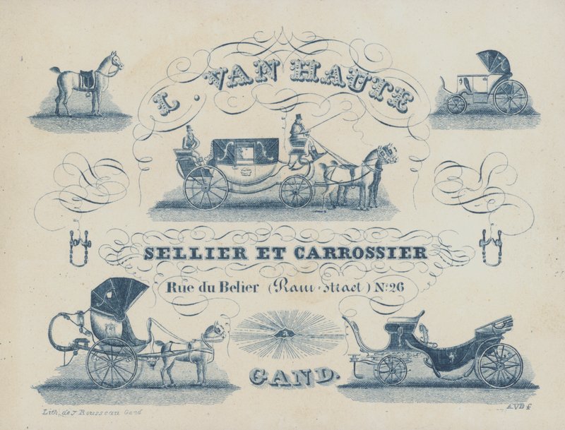 Anúncio para L van Haute, saddler e coachbuilder, Ghent, Bélgica (litho) de Belgian School