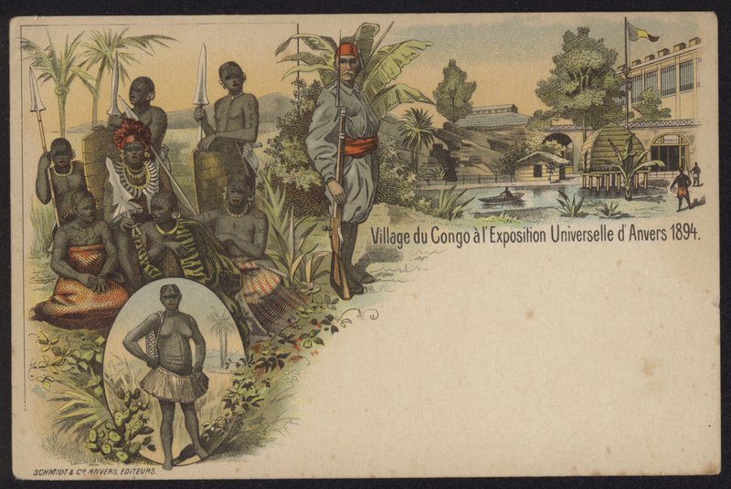 Aldeia congolesa exposta na Exposition Internationale d "Anvers, Antuérpia, Bélgica, 1894 de Belgian School