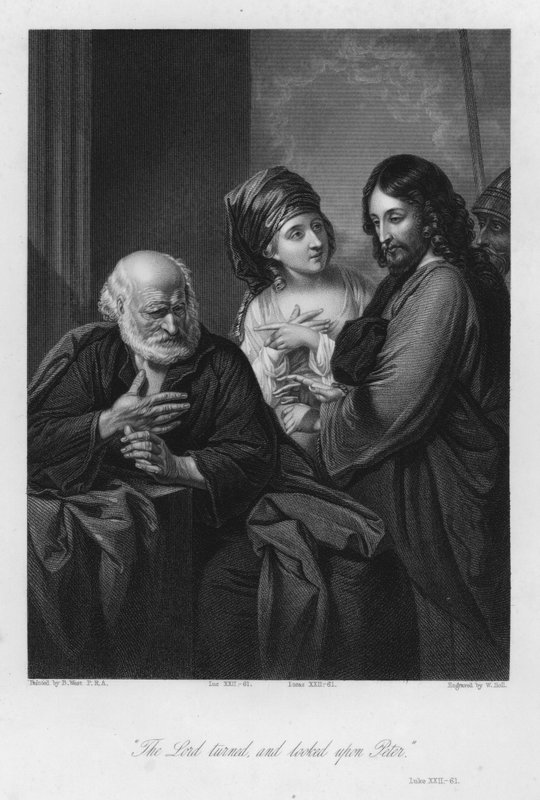 Pedro nega Cristo, Lucas XXII, 61 (gravura) de Benjamin (after) West