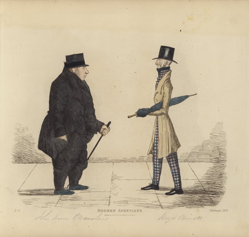 Eminentes de Edimburgo, também conhecidos como atenienses modernos, John R Irving, de Bonshaw, advogado, capitão Hugo Arnot, de Balcormo (gravura colorida) de Benjamin William Crombie