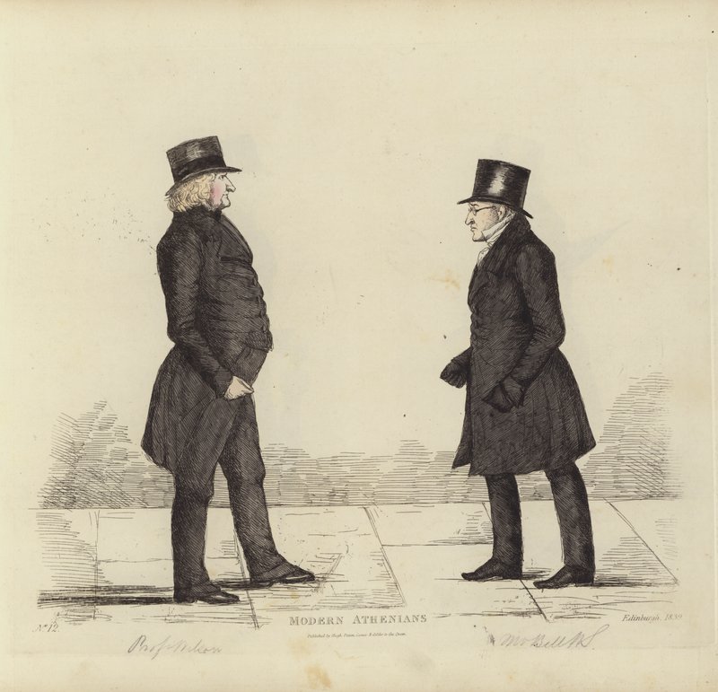 Eminentes edinburgueses, também conhecidos como atenienses modernos, John Wilson, Esq, Professor de Filosofia Moral, George Joseph Bell, Esq, Professor de Direito Escocês (gravura a cores) de Benjamin William Crombie