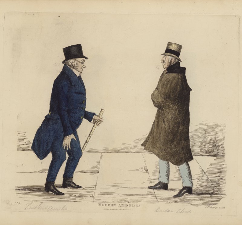 Eminentes edinburgueses, também conhecidos como atenienses modernos, Tenente-General George R Ainslie, Bindon Blood, Esq, de Cranacher (gravura a cores) de Benjamin William Crombie