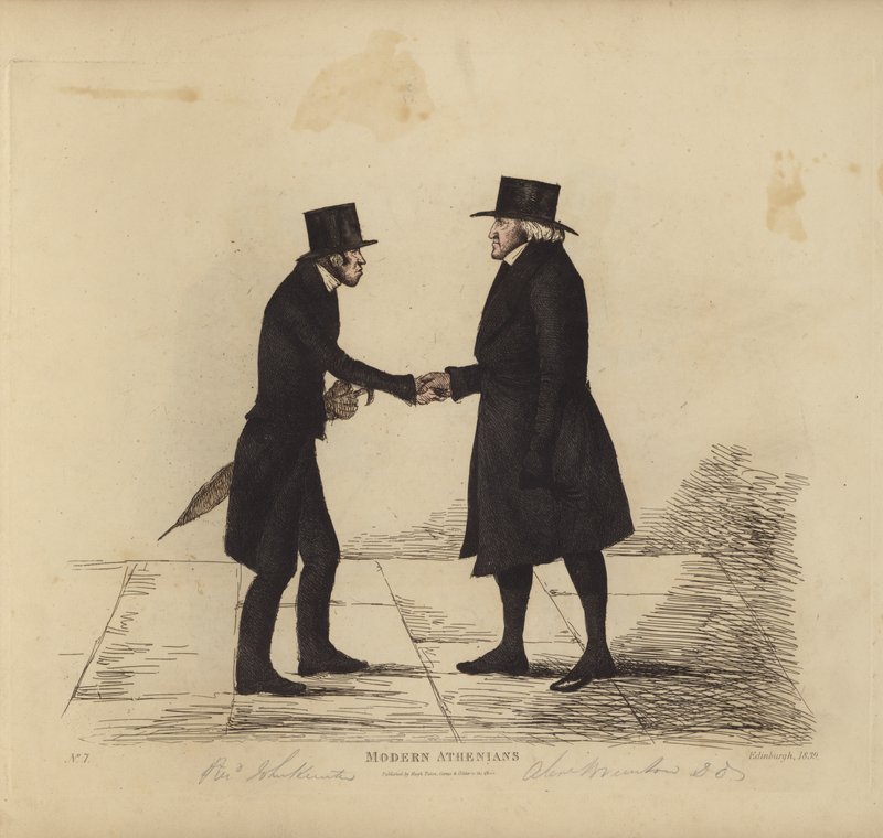 Eminentes Edimburgo, também conhecidos como Atenienses Modernos, Rev. John Hunter, MA, da Igreja Tron, Rev. Dr. Brunton, seu colega, Professor de Hebraico, etc (gravura a cores) de Benjamin William Crombie