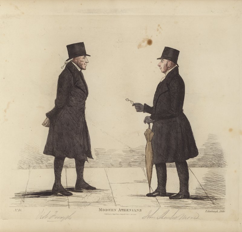 Eminentes de Edimburgo, também conhecidos como atenienses modernos, Robert Forsyth, Esq, advogado, John Shank More, Esq, LLD, advogado (gravura colorida) de Benjamin William Crombie