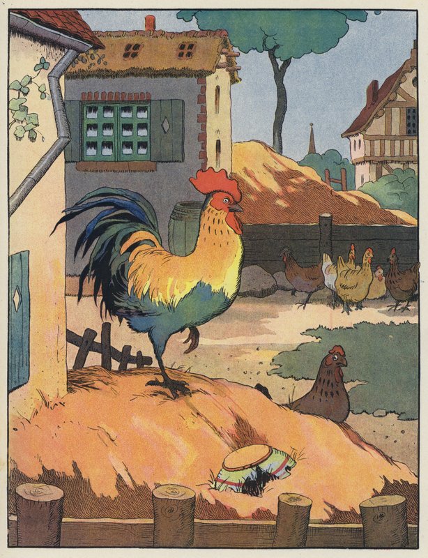 Galo e galinhas em um curral de Benjamin Rabier