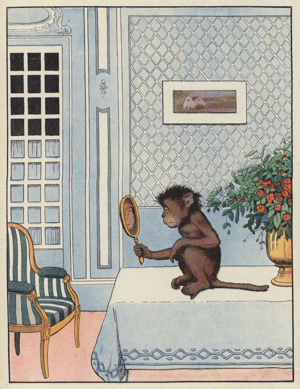 Macaco olhando seu reflexo em um espelho de Benjamin Rabier