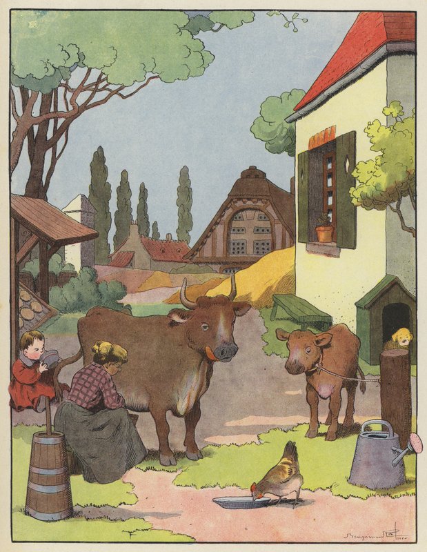 Mulher, ordenhar, um, vaca, em, um, farmyard de Benjamin Rabier