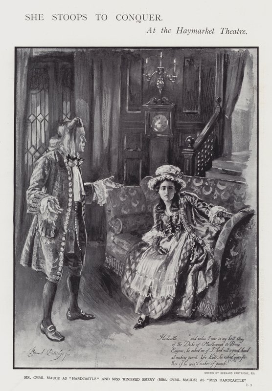 Uma apresentação da comédia de Oliver Goldsmith She Stoops to Conquer no Haymarket Theatre, Londres (litho) de Bernard (after) Partridge