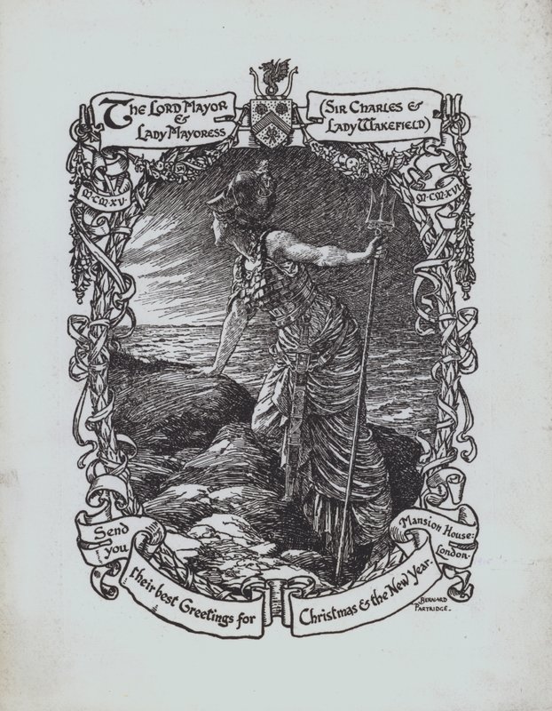 Britannia olhando para o mar, cartão de Natal da Primeira Guerra Mundial do Senhor Prefeito e da Senhora Prefeita de Londres, Sir Charles e Lady Wakefield de Bernard (after) Partridge
