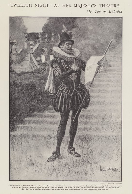 Herbert Beerbohm Tree como Malvolio numa produção da Twelth Night de Shakespeare no Her Majesty