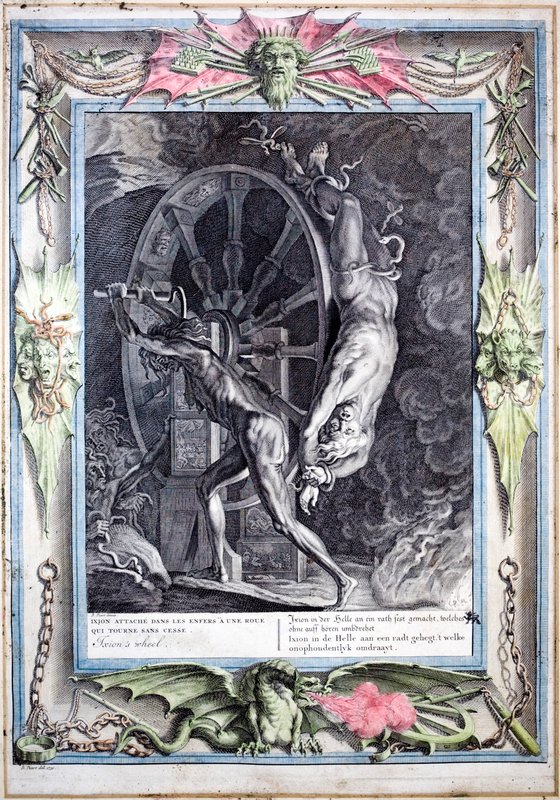 Ixion ligado à roda de fogo eternamente giratória (gravura colorida) de Bernard (after) Picart
