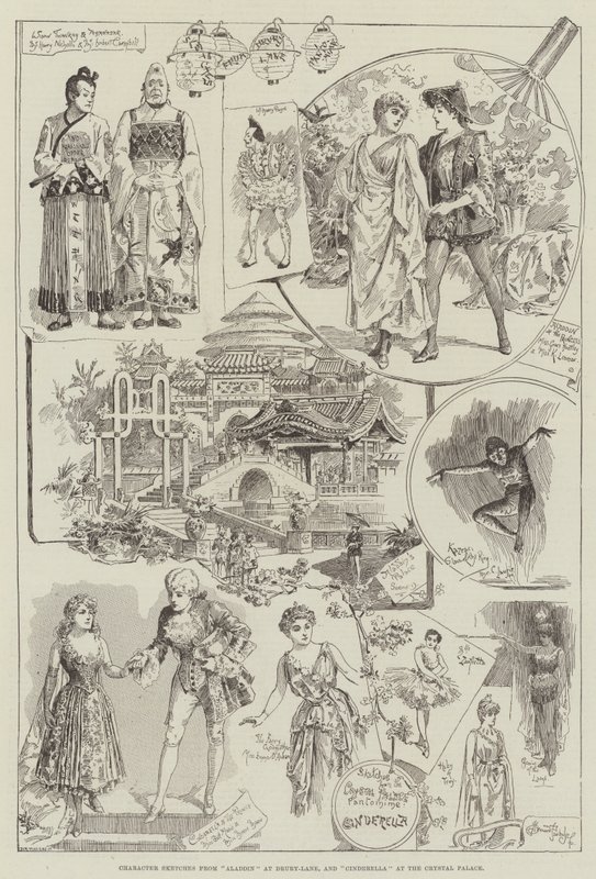 Esboços de personagens de Aladdin em Drury-Lane e Cindrella no Crystal Palace de Bernard Partridge