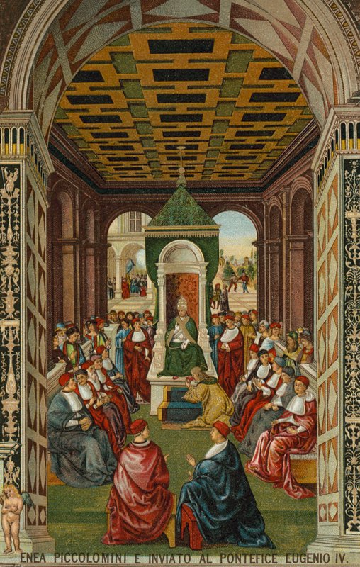 Enea Piccolomini perante o Papa Eugénio IV de Bernardino di Betto (after) Pinturicchio