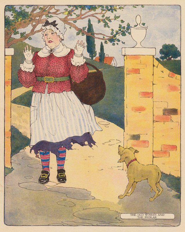 Canção infantil: A Velha e o Vendedor Ambulante (litografia a cores) de Blanche Fisher Wright