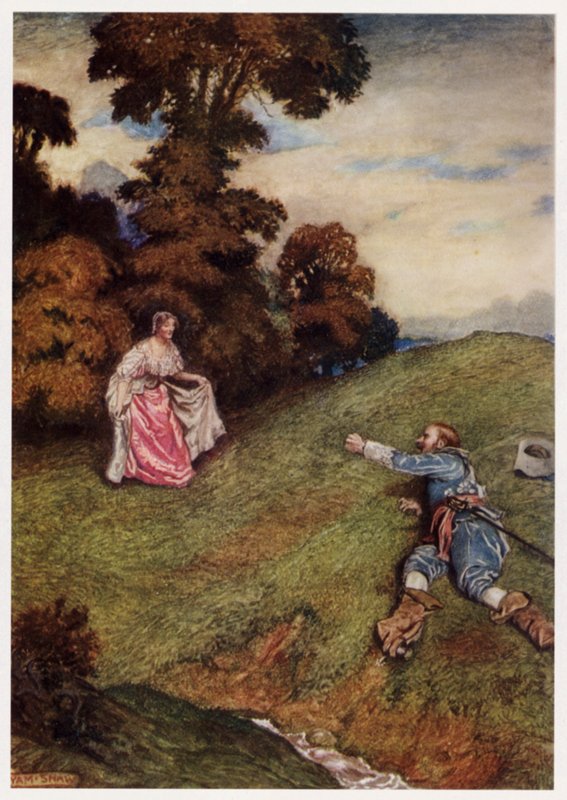 "Pois ele não podia ficar de pé nem ir, / Mas como um aleijado caído" (cor litho) de Byam (after) Shaw