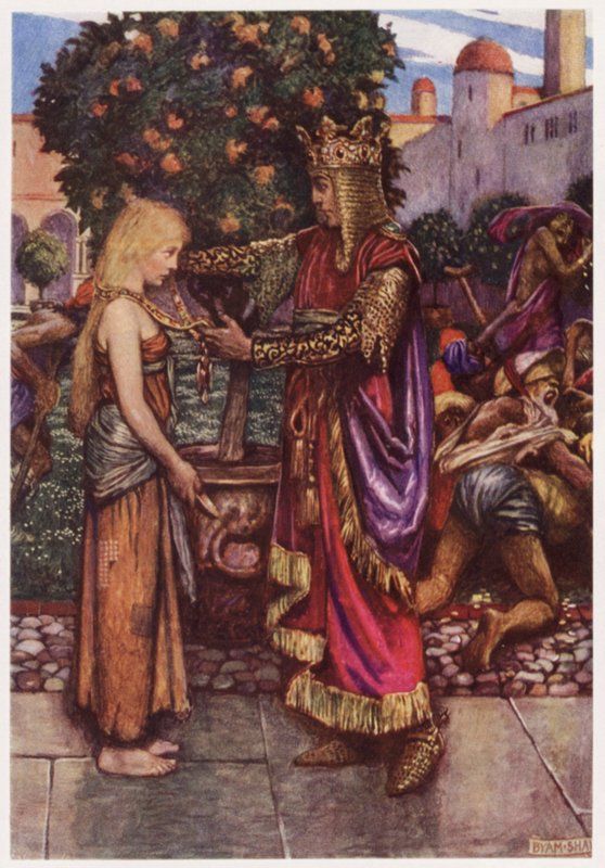 "O Rei ele a chamou de volta, / E a ela deu sua corrente" (cor litho) de Byam (after) Shaw