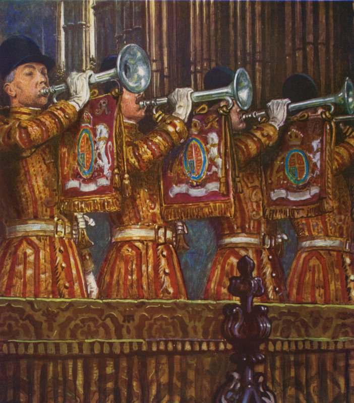 Trombeteiros da Cavalaria Doméstica soando uma fanfarra (cor litho) de Byam (after) Shaw