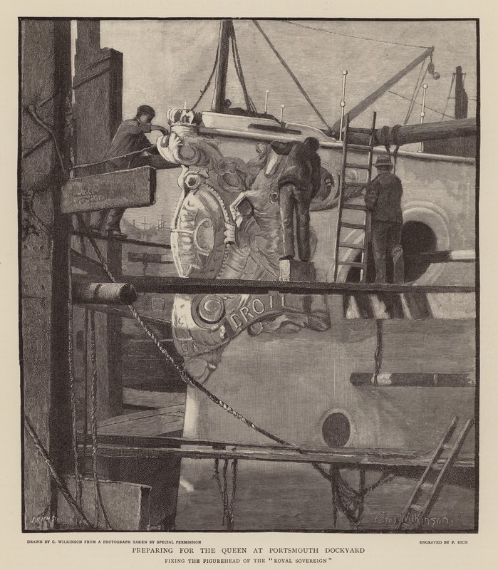 Preparação para a Rainha Vitória no estaleiro de Portsmouth (gravura) de C.A. Wilkinson