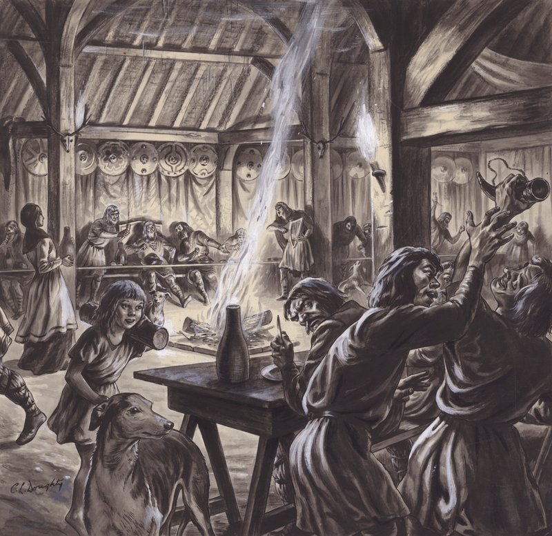 Um banquete numa sala de thegns anglo-saxónica (guache sobre papel) de C.L. Doughty