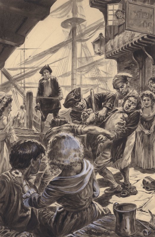 Um grupo de imprensa prende a sua vítima (guache sobre papel) de C.L. Doughty