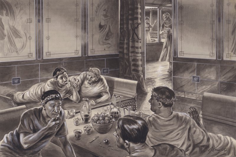 Anglo-romanos comendo no triclínio (guache sobre papel) de C.L. Doughty
