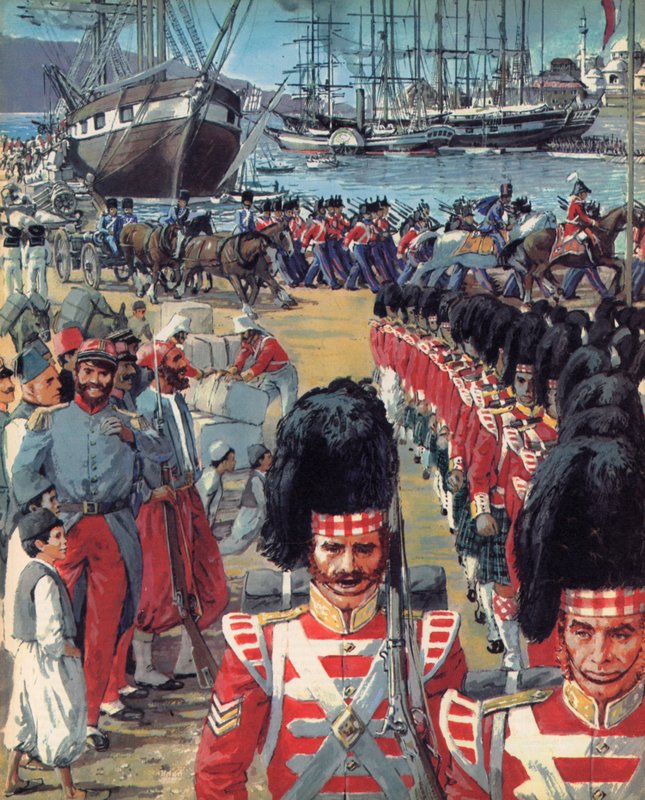 Tropas britânicas chegam a Malta a caminho da Crimeia (litografia a cores) de C.L. Doughty