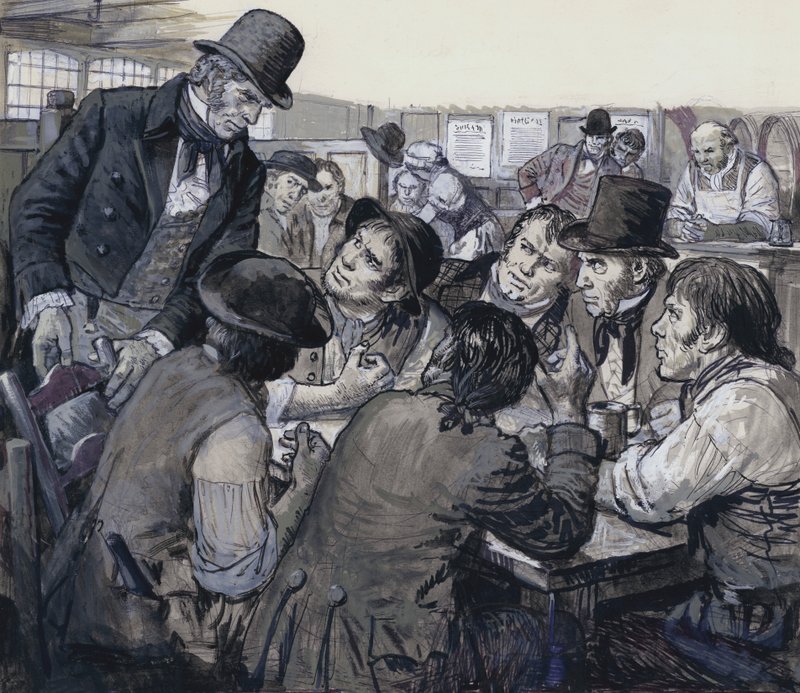 Coronel Despard recrutando descontentes políticos nos lugares obscuros do submundo de Londres (guache sobre papel) de C.L. Doughty