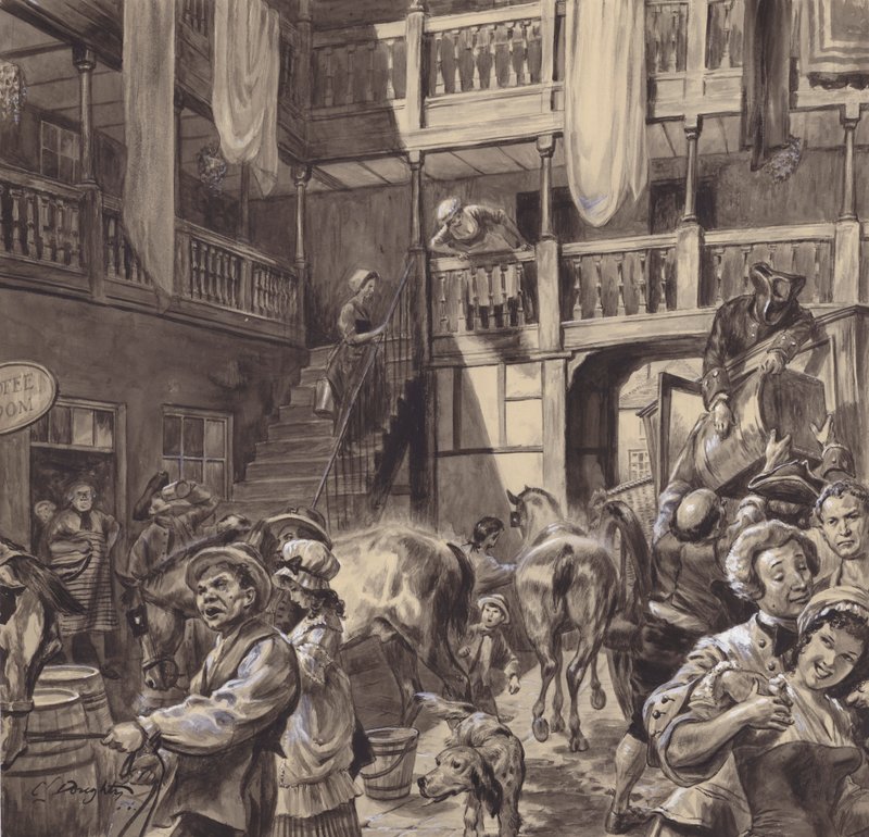 Pátio de uma estalagem, finais do século XVIII (guache sobre papel) de C.L. Doughty