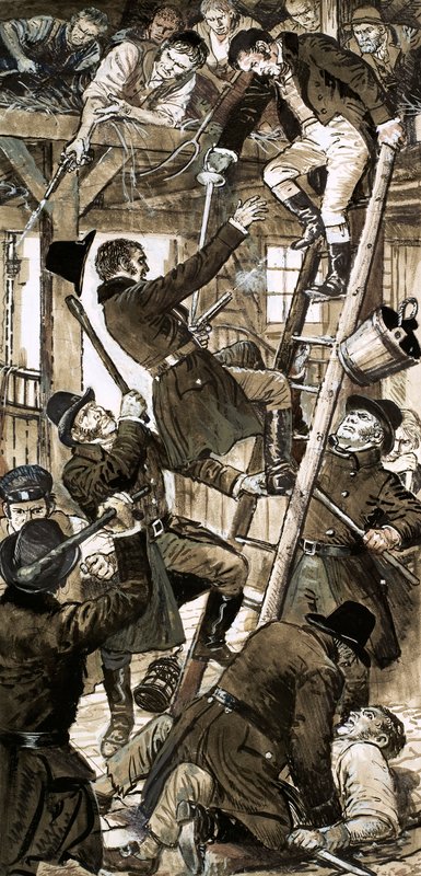 Encontro entre oficiais de Bow Street e conspiradores de Cato Street em 23 de fevereiro de 1820 (guache sobre papel) de C.L. Doughty