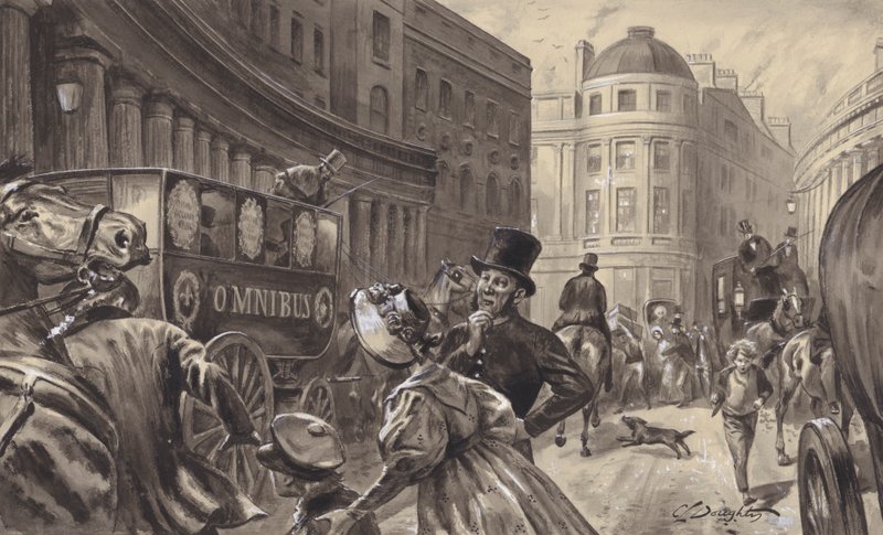 Autocarro puxado por cavalos, Londres (guache sobre papel) de C.L. Doughty