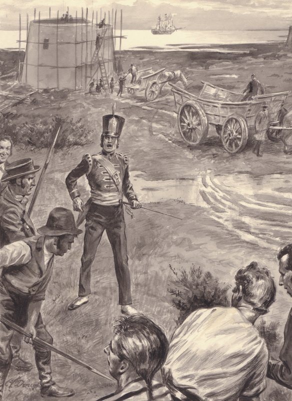 Torres Martello a serem construídas em antecipação de uma invasão de Inglaterra por Napoleão (guache sobre papel) de C.L. Doughty