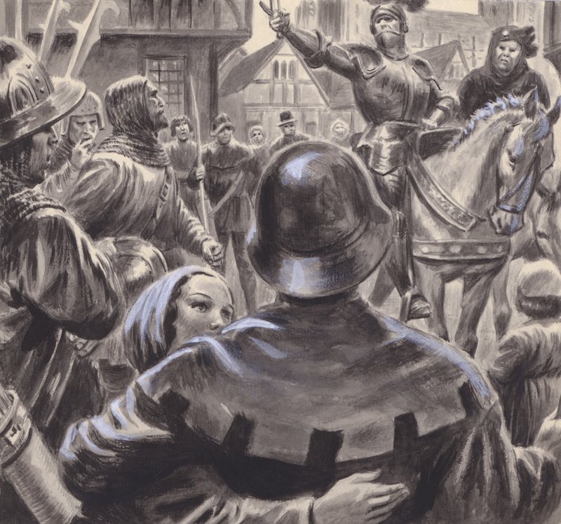 Nobres em conflito recrutaram exércitos entre os ex-militares desempregados que afluíram a Inglaterra após o fim da Guerra dos Cem Anos, em 1453 (guache sobre papel) de C.L. Doughty