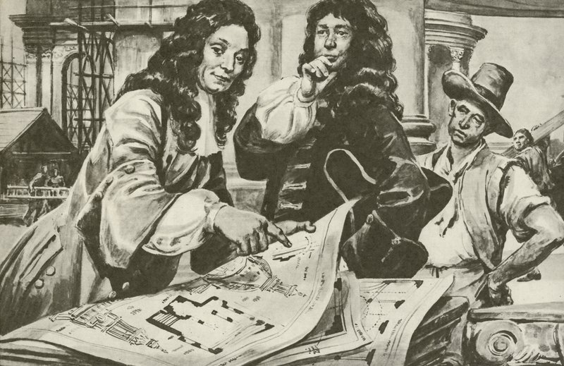 Sir Christopher Wren, arquiteto da Catedral de S. Paulo, Londres (litografia) de C.L. Doughty