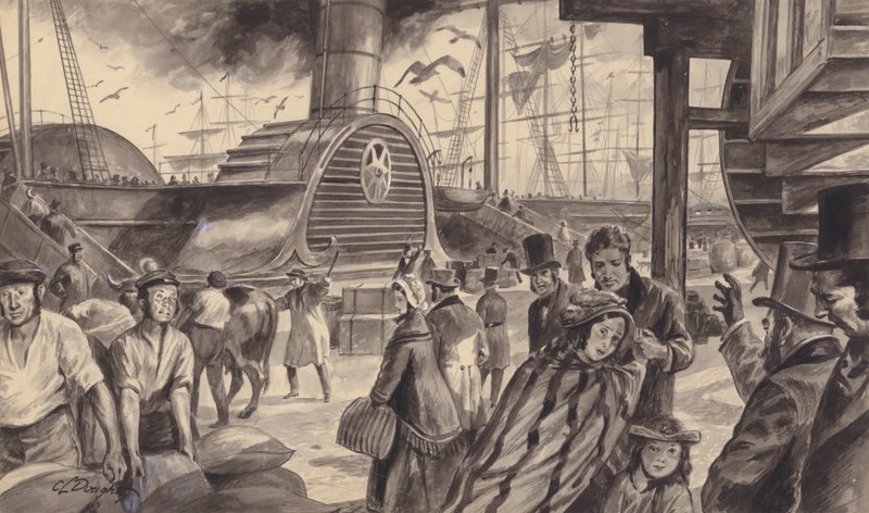 O navio a vapor The Britannia, da Cunard Companys, que iniciou um serviço quinzenal para a América em 1840 (guache sobre papel) de C.L. Doughty