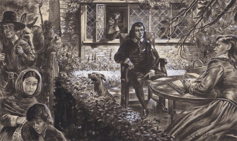 O poeta John Milton no seu jardim, com as suas filhas (guache sobre papel) de C.L. Doughty