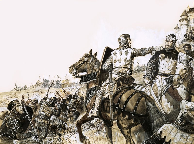 Cena de batalha não identificada com um soldado a apontar para o Rei de C.L. Doughty
