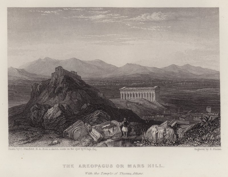 O Areópago ou Monte de Marte, com o Templo de Theseus Atenas (cor litho) de C. (after) Stanfield