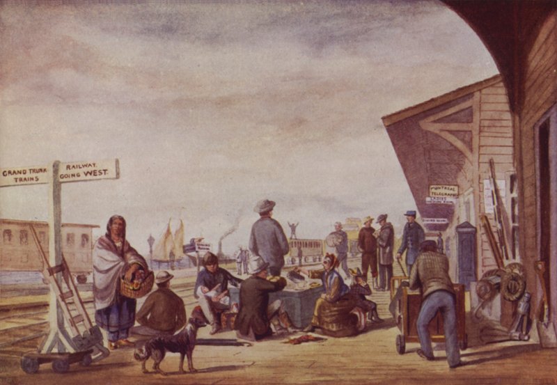 Imigrantes numa estação de caminho de ferro, Toronto (litografia a cores) de Canadian School