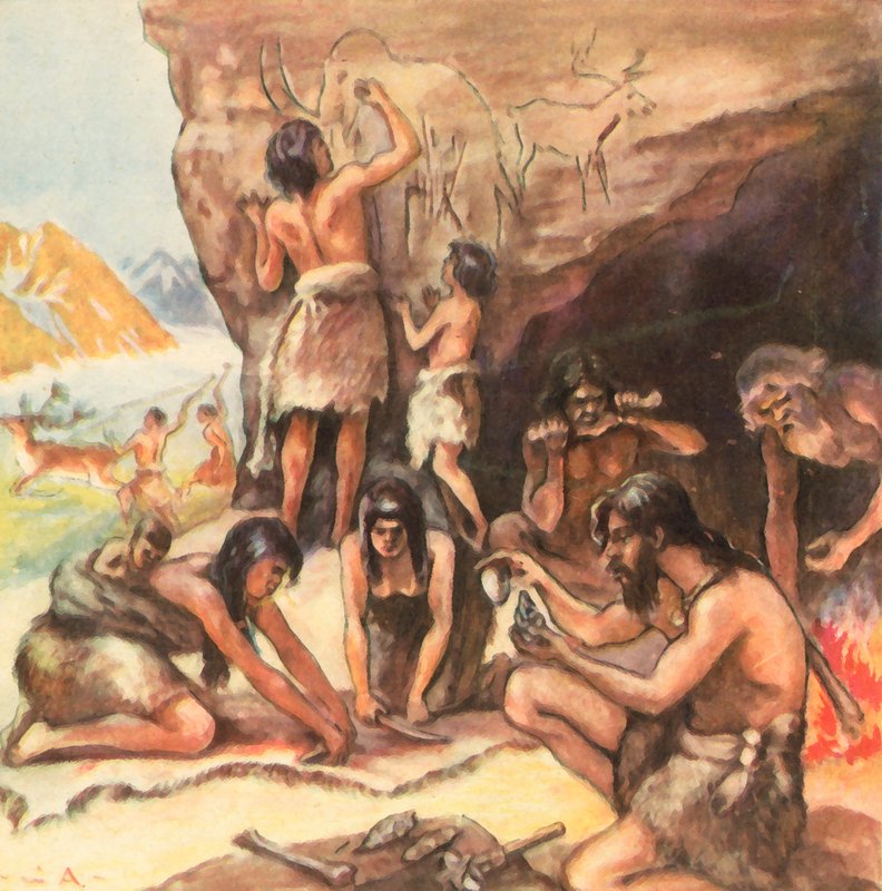 Gruta familiar da Idade da Pedra (litografia a cores melhorada) de Carl Arriens