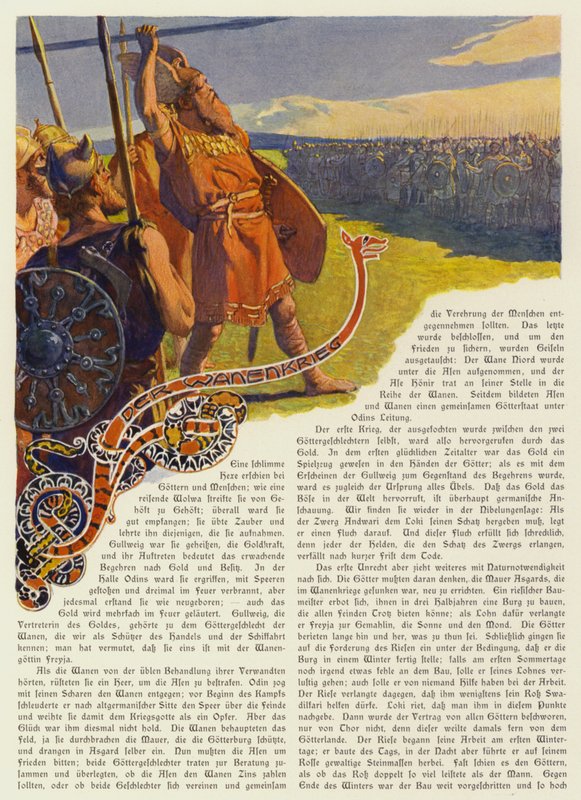 Odin a lançar a sua lança para iniciar a Guerra de Aesir-Vanir (cor litho) de Carl Emil Doepler