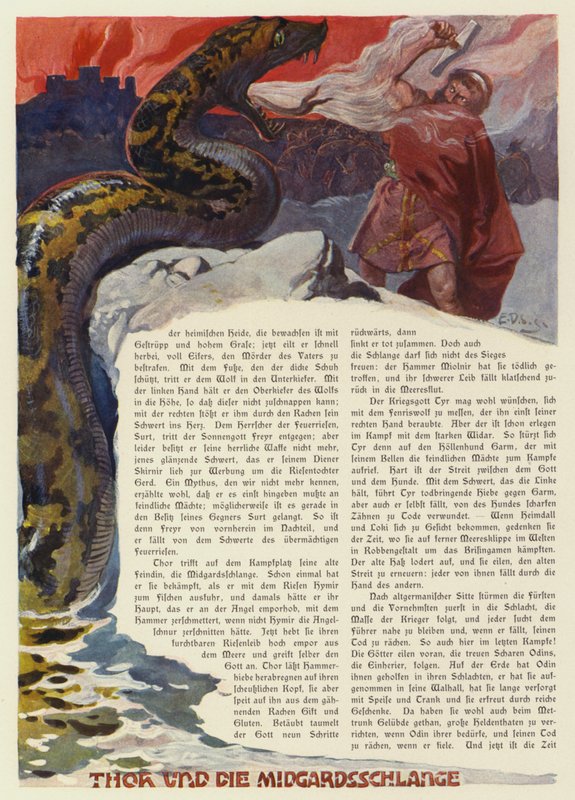 Thor lutando contra a serpente de Midgard na batalha de Ragnarok (lito colorido) de Carl Emil Doepler