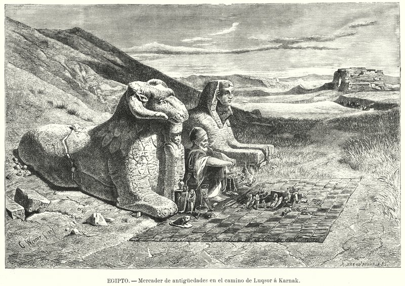 Vendedor de antiguidades na estrada de Luxor para Karnak, Egipto (litho) de Carl Friedrich Heinrich (after) Werner