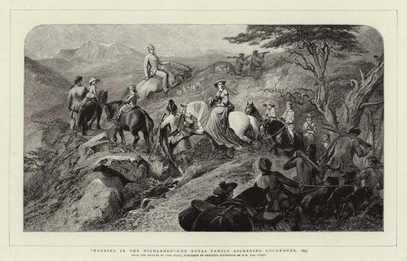 Manhã nas terras altas, a família real ascendente Lochnagar, 1853 de Carl Haag