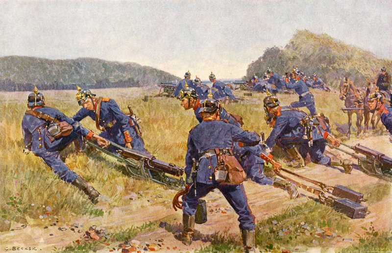 Empresa de metralhadoras da Baviera montando uma posição (cor litho) de Carl Ludwig Friedrich (after) Becker