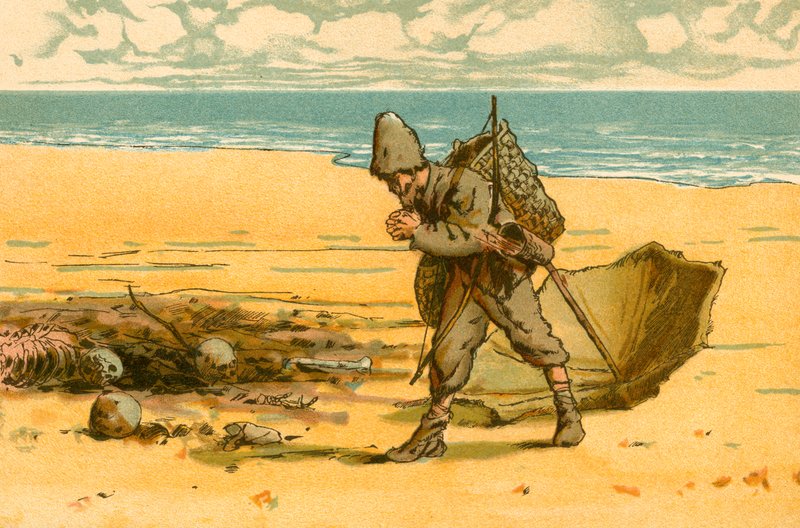 Robinson Crusoé vê a praia repleta de crânios humanos e ossos humanos de Carl Marr