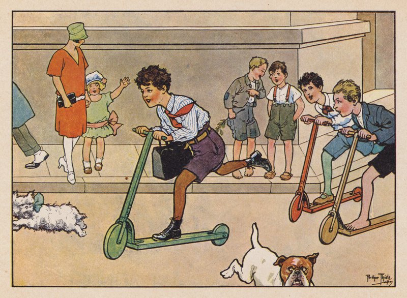 Rapazes a correr com trotinetas (litografia a cores) de Carl Robert Arthur Thiele