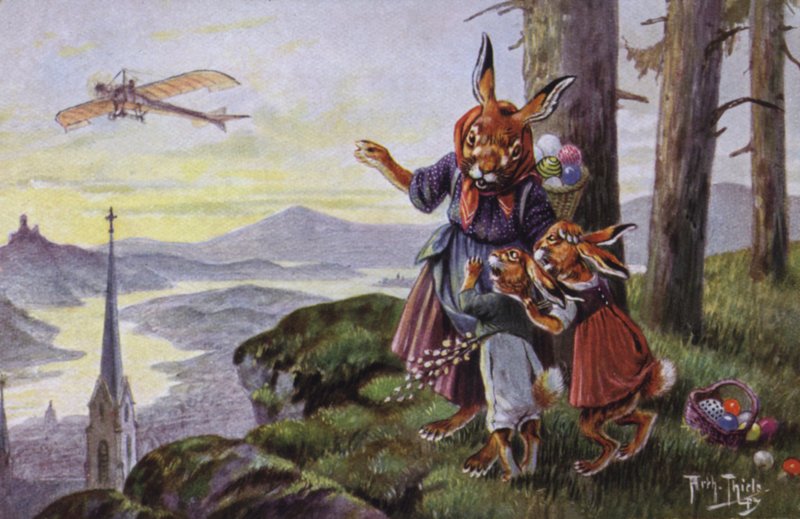 Coelhos discutindo um avião (cor litho) de Carl Robert Arthur Thiele