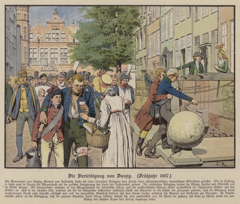 Civis ajudando os feridos prussianos durante a defesa de Danzig, Primavera de 1807 (cor litho) de Carl Röchling